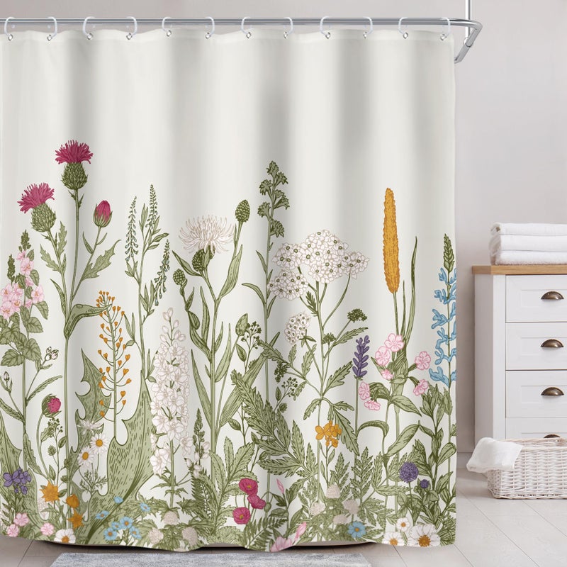 Riyidecor 72Wx84H Inch Extra Long Shower Curtain for Bathroom Decor Wildflower Flower Floral Vintage Botanical Accessories Herbs Plant Bathroom Set Windows Fabric Polyester Waterproof 12 Pack Hooks - Image 2